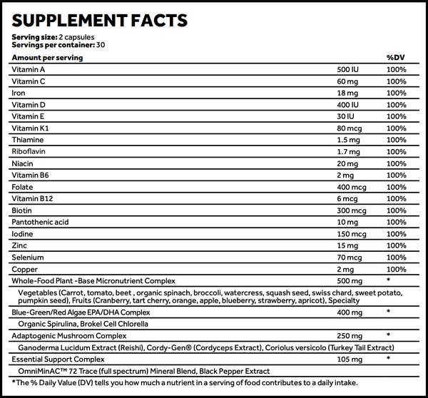 Supplement facts label showing serving size, vitamins, minerals, vegetable, fruit, specialty, algae, mushroom and support complex. 100% DV for all.