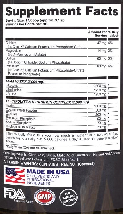 Supplement facts label indicating servings, ingredients and their amounts, allergen warnings, and nutritional values. Made in USA with no sugar added.