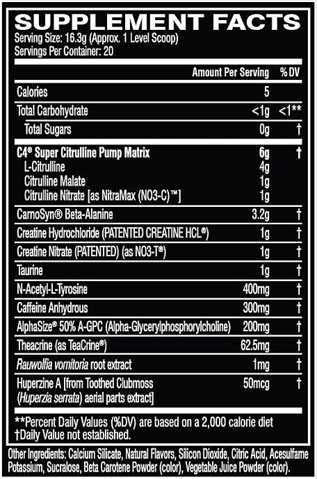 Supplement facts showing serving size, nutritional values, and ingredients of a fitness supplement. Includes creatine, caffeine, and various amino acids.