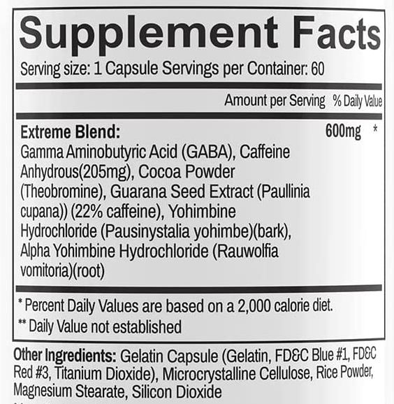 Supplement facts for a 600mg capsule containing GABA, Caffeine, Cocoa Powder, Guarana Seed Extract, Yohimbine HCL, and Alpha Yohimbine HCL.