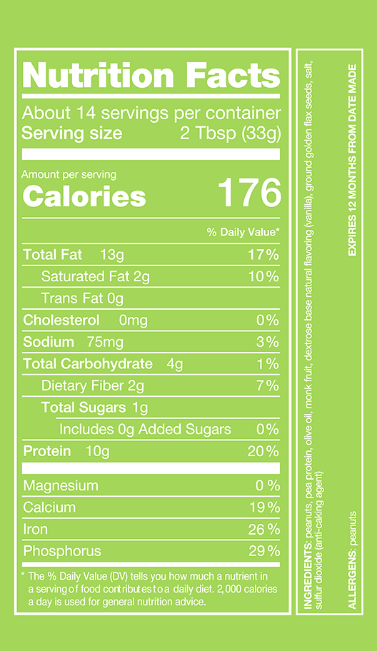 Nutrition facts for food item containing 176 calories per 2 tbsp serving. Main ingredients are peanuts, pea protein, and olive oil.
