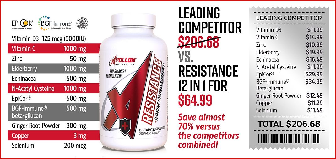 Epicor BGF-Immune supplement with various nutrients comparison against leading competitor prices, claiming 70% savings.