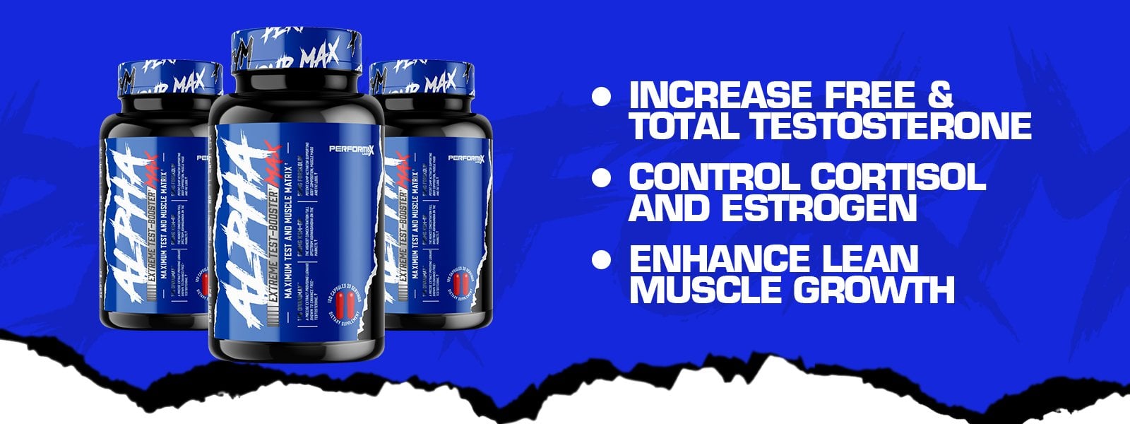 Performax capsules label highlighting increased testosterone, cortisol control, estrogen regulation, and lean muscle growth.