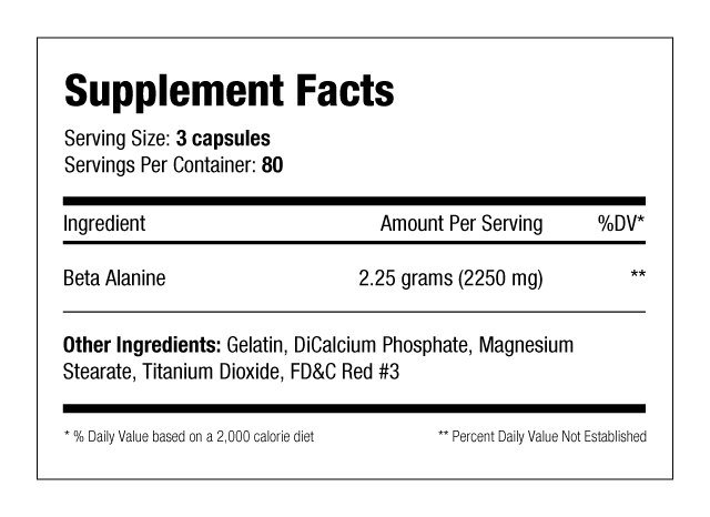 Supplement facts label showing serving size, ingredients, and daily values; featuring Beta Alanine at 2.25g per serving.