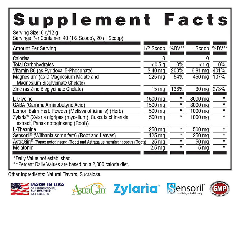 Supplement facts with serving sizes, main ingredients like Magnesium, Zinc, L-Glycine, and melatonin. Vegan, GMP quality. Made in USA.