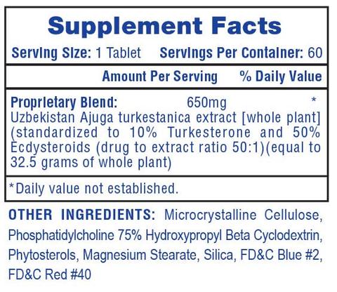 Supplement facts showing serving size, ingredients, and daily value percentages including a proprietary blend of Ajuga turkestanica extract.
