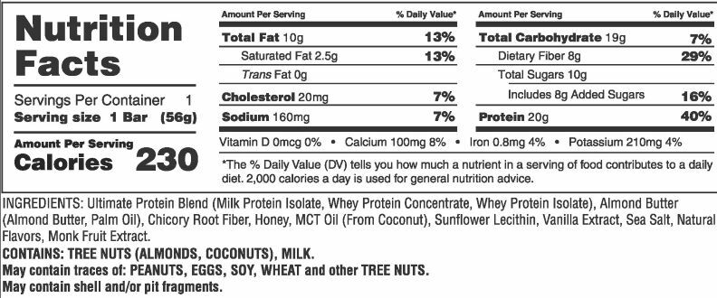 Nutrition facts of a 56g bar include 230 calories, 10g fat, 19g carbs, 20g protein. Contains tree nuts, milk, and potentially peanuts, eggs, soy, wheat.