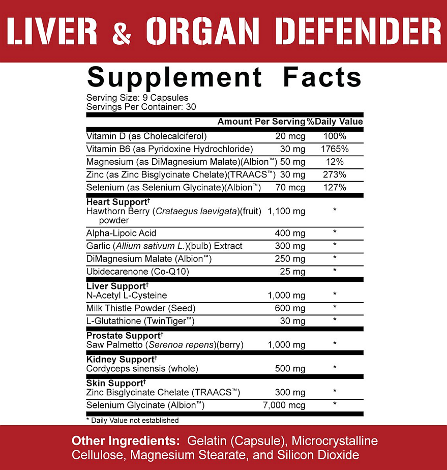 Supplement facts for Liver & Organ Defender includes nine capsules containing various vitamins, minerals, and specific organ support ingredients.