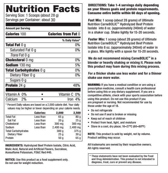Nutrition facts and ingredients for Hydrolyzed Beef Protein Isolate, with 100 calories, 24g protein, and 0g fat per 28g serving.