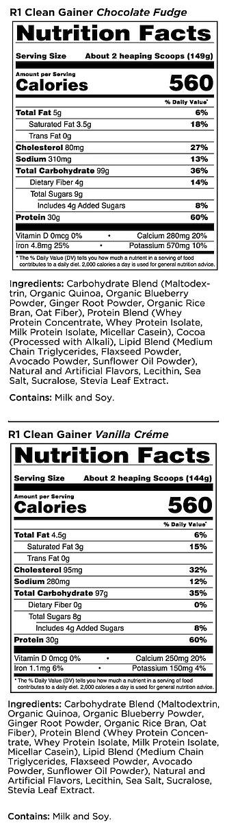 Nutrition facts for R1 Clean Gainer in Chocolate Fudge and Vanilla Crème flavors, showing calories, protein, sugars, vitamins and ingredients.