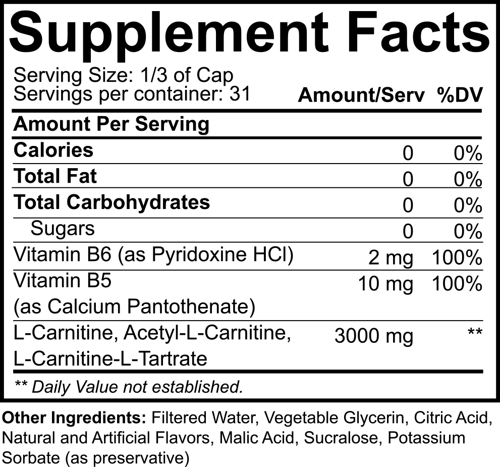 Nutritional label showing serving size, vitamins, and ingredients of a dietary supplement. Contains B6, B5, and L-Carnitine.