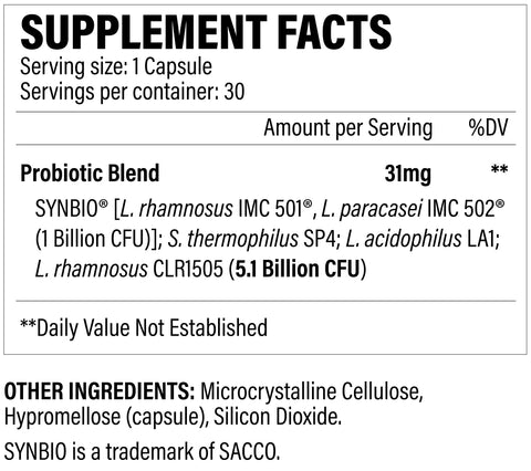 Supplement facts label for a probiotic product with 30 servings, showing a blend of strains and 1-5.1 billion CFU.