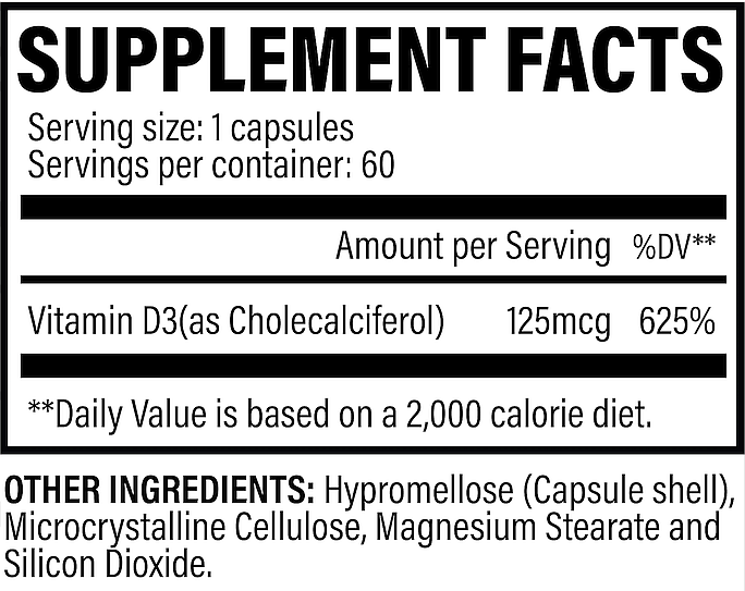 Supplement facts for 60 capsule bottle, each with 125mcg Vitamin D3 and ingredients such as Hypromellose and Magnesium Stearate.