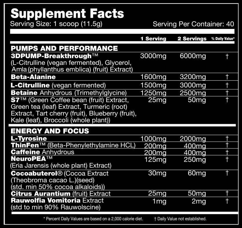 Supplement facts label showing serving sizes with ingredients such as L-Citrulline, Beta-Alanine, Cocoa Extract, Green Coffee Bean Extract, and Caffeine Anhydrous.