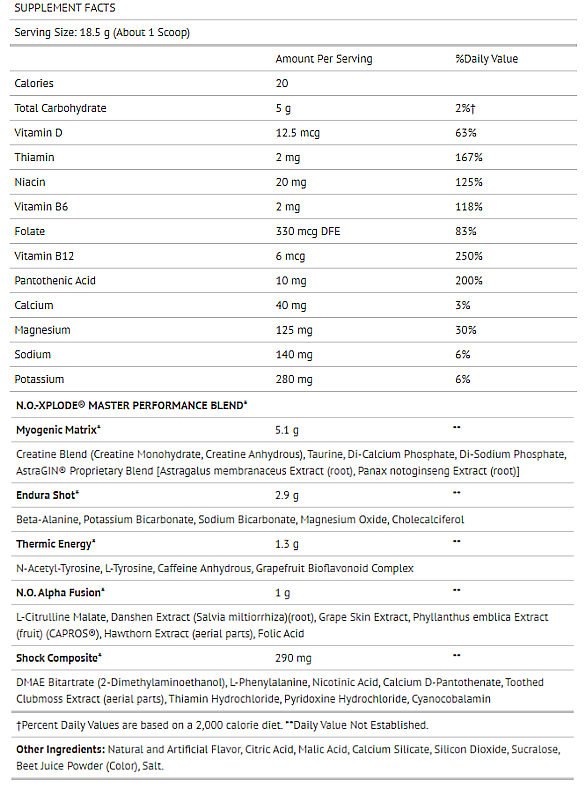 Supplement facts for N.O-XPLODE, showing calories, vitamins, minerals, master performance blend ingredients, and other ingredients.