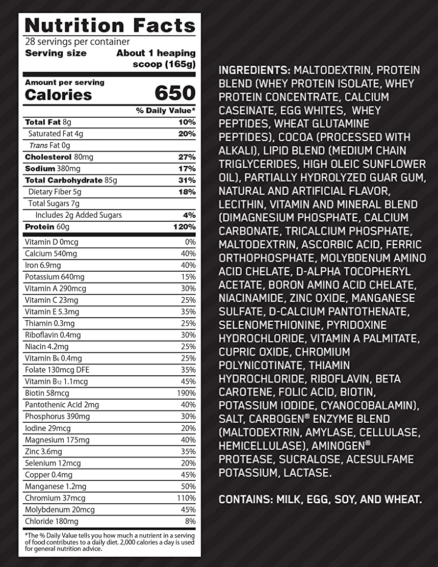 Nutrition label describing a dietary supplement with a detailed breakdown of ingredients, macros, minerals, vitamins, and food allergen information.