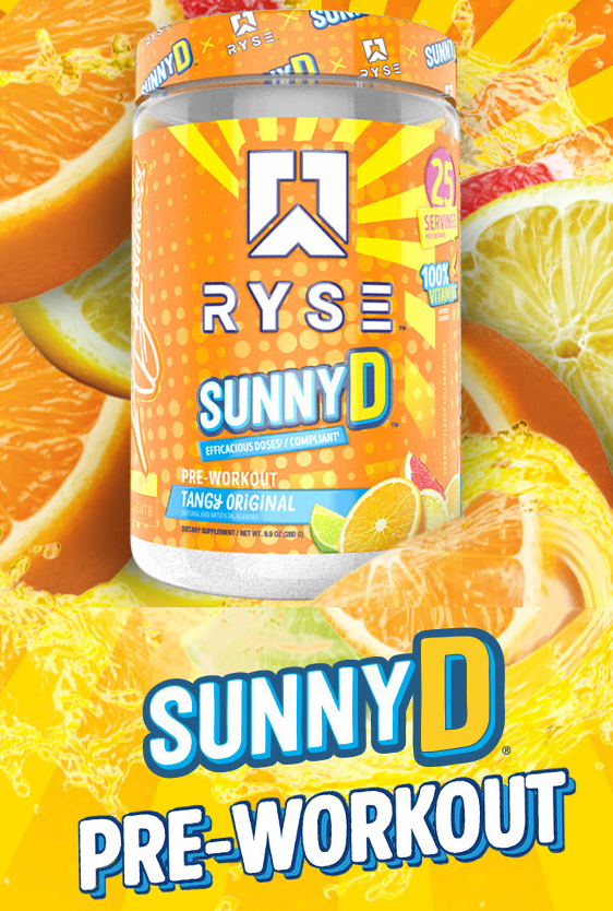 Ryse SunnyD pre-workout dietary supplement tub, tangy original flavor, net weight 8.900g, provides 25 servings.