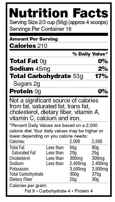 Nutrition facts for a 2/3 cup serving: 210 calories, 0g total fat, 45mg sodium, 53g carbohydrates, 2g sugars, 0g protein.