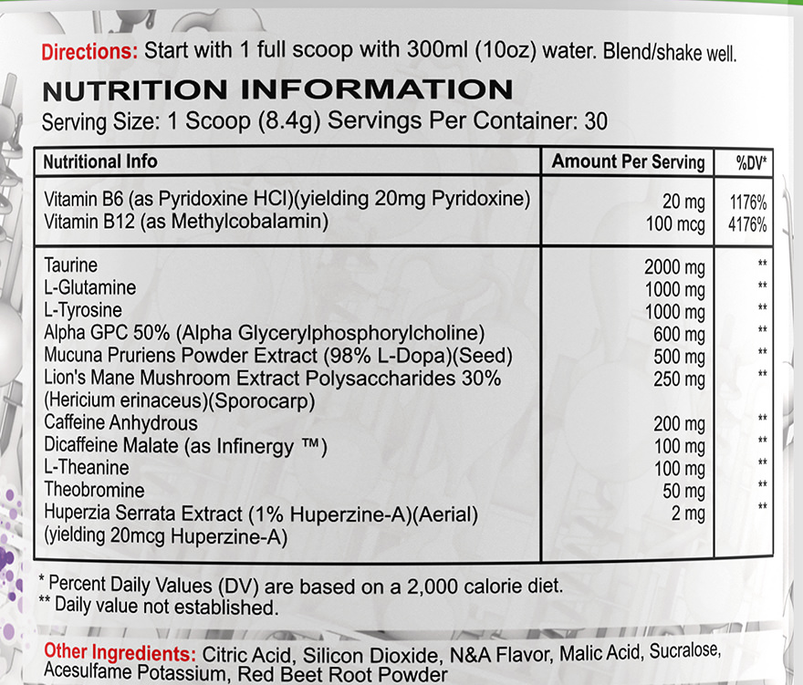 Instructions and nutritional information for a supplement including vitamins B6 and B12, Taurine, L-Glutamine, L-Tyrosine, and various extracts.