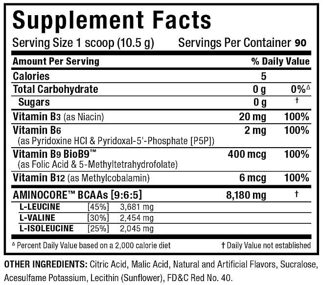 Nutritional facts for a serving size of 1 scoop: includes B3, B6, B9, B12 vitamins, Aminocore BCAAs, and additional ingredients.