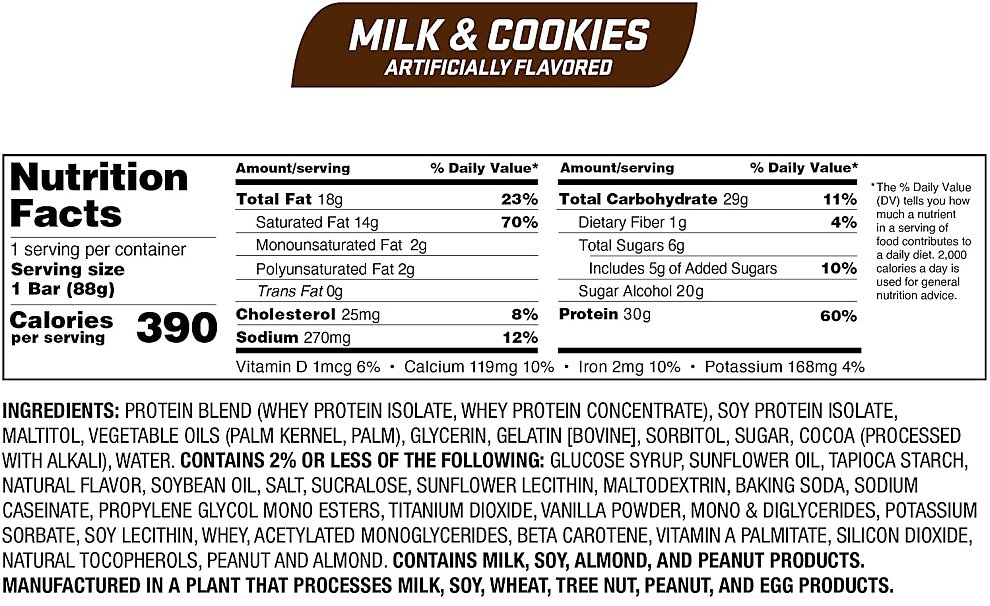Nutrition facts for a Milk & Cookies flavoured bar: 390 calories, 18g fat, 29g carbs, 30g protein. Contains milk, soy, almond, and peanut products.