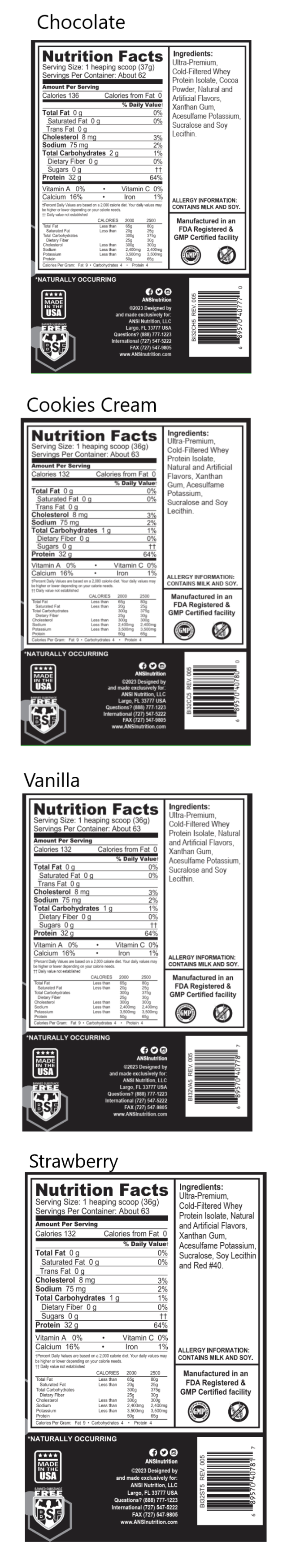 Nutrition facts for premium whey protein isolate with 32g protein, 136 calories, 0g fat, 1g carbs, and 8mg cholesterol per 37g scoop. Contains milk and soy.