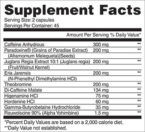 Supplement facts for 2 capsules with ingredients like Caffeine Anhydrous, Paradoxine, Juglans Regia Extract, and more.