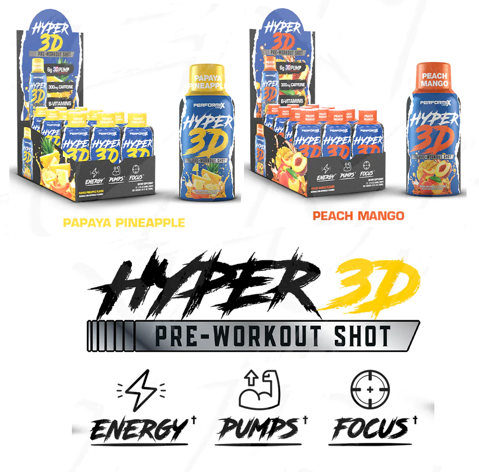Hyper 3D pre-workout shot with 300 caffeine, B-vitamins for energy, focus, and pump. Flavors include papaya, pineapple, peach, and mango.