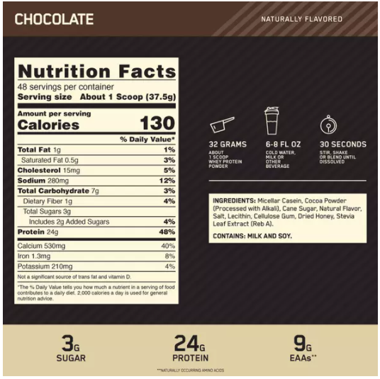 Nutrition facts for chocolate flavored whey protein powder. One scoop contains 24g of protein, 1g of fat, and 7g of carbs.