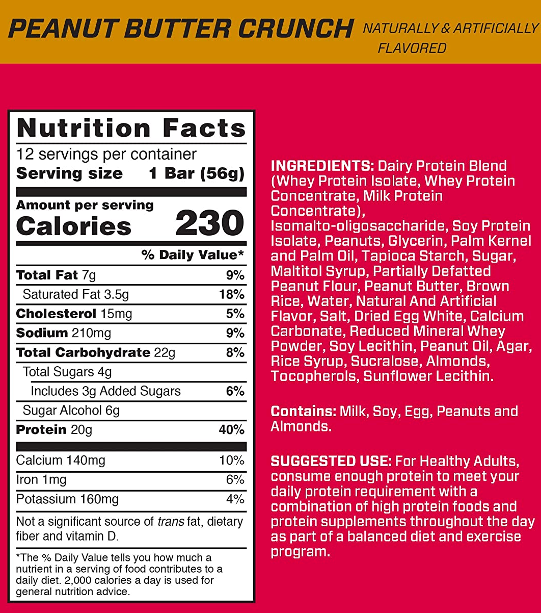 Nutrition facts for Peanut Butter Crunch bar. 12 servings per container, with 230 calories, 7g of fat, 15mg cholesterol, 20g protein per serving. Ingredients include dairy protein blend, soy protein isolate, peanuts, and almonds.