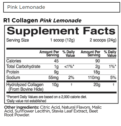 Nutrition facts for Pink Lemonade R1 Collagen Pink Lemonade supplement, with serving sizes, calorie count, carbohydrate, protein, sodium, and collagen.