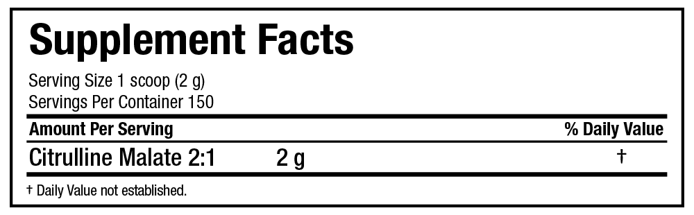 Supplement facts of a product showing serving size 1 scoop, 150 servings per container, 2g Citrulline Malate per serving.