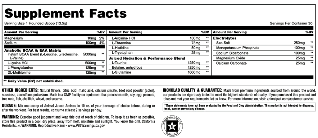 A detailed description of a supplement, breaking down the serving size, included ingredients, daily value percentages, allergen information, usage instructions, storage recommendations, warnings, and manufacturer guarantees.