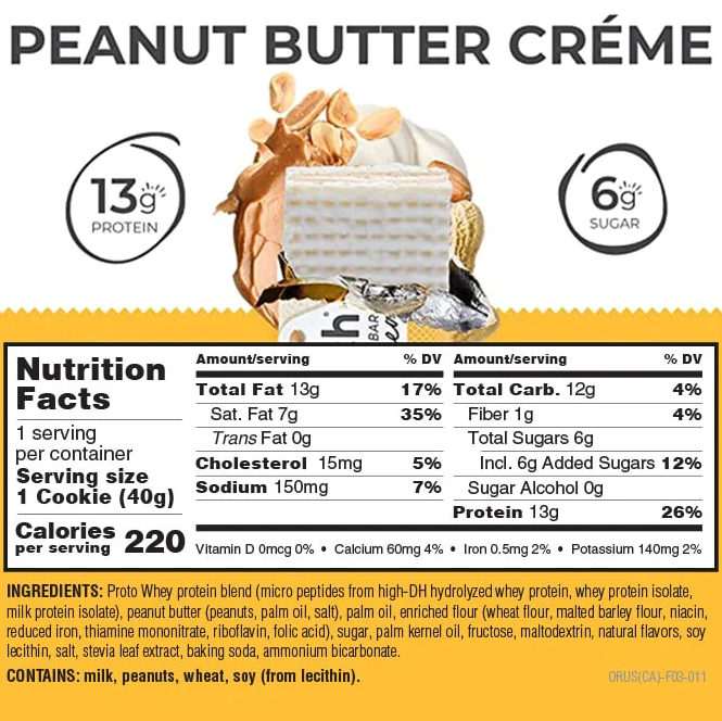 Nutrition fact label for a peanut butter créme protein cookie showing details like serving size (1 cookie), total fat (13g), total carbs (12g), etc.
