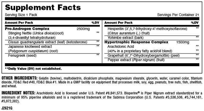 Nutritional supplement facts showing serving size, ingredients such as Stinging Nettle, Fenugreek, Hesperitin, and Arachidonic Acid. Contains 21 servings.