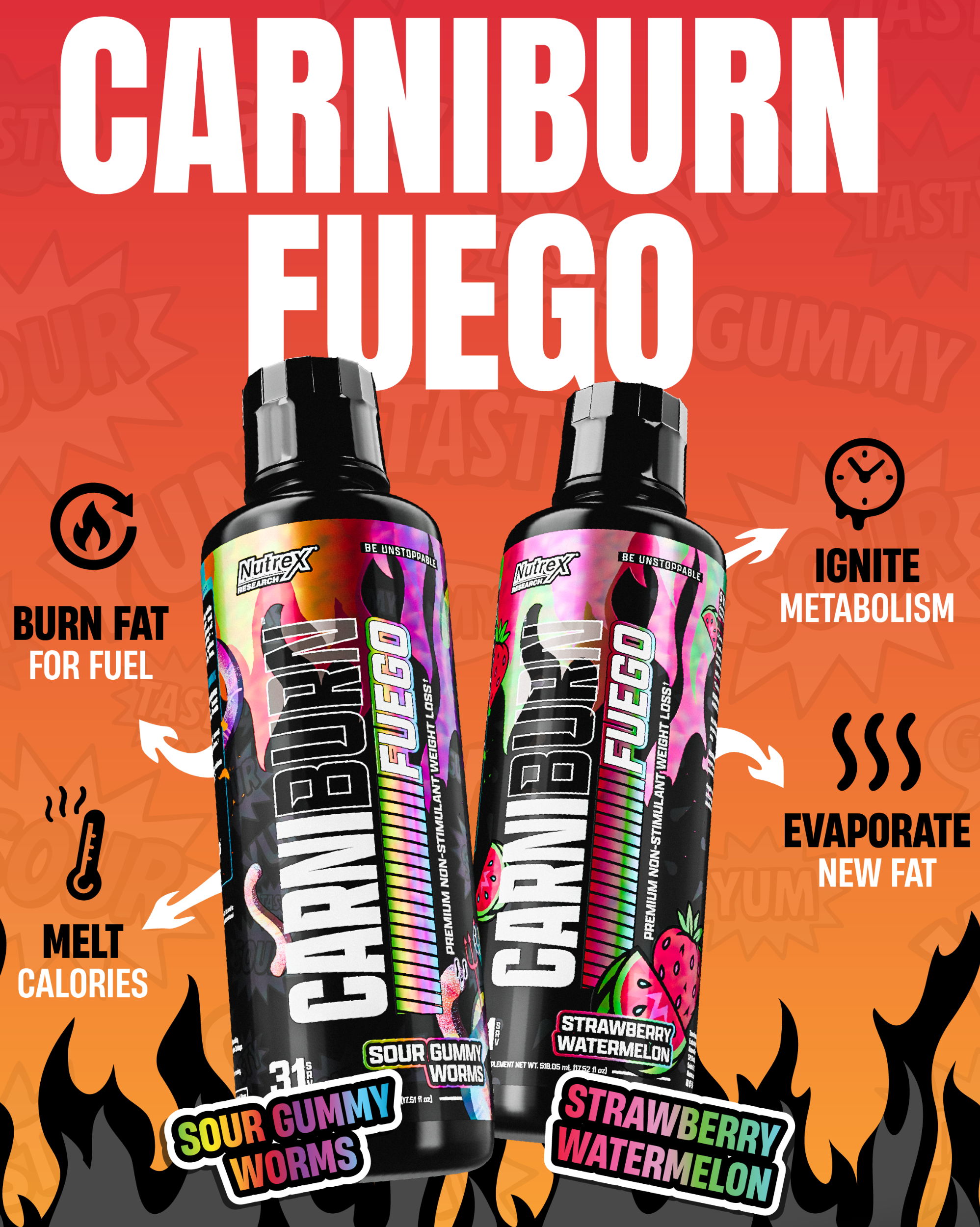 Nutrex Carniburn Fuego Sour Gummy Worms - 31 Servings
