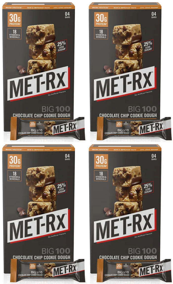 MetRx Big 100 Bar Chocolate Chip Cookie Dough 16 Bars (4 Boxes of 4