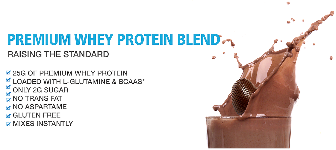 Premium whey protein blend with 25g protein, loaded with L-Glutamine & BCAAs, 2g sugar, gluten-free, no trans fat or aspartame.
