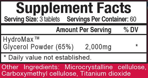 Supplement facts and ingredients for a product with HydroMax Glycerol Powder, serving size 3 tablets, 60 servings per container.