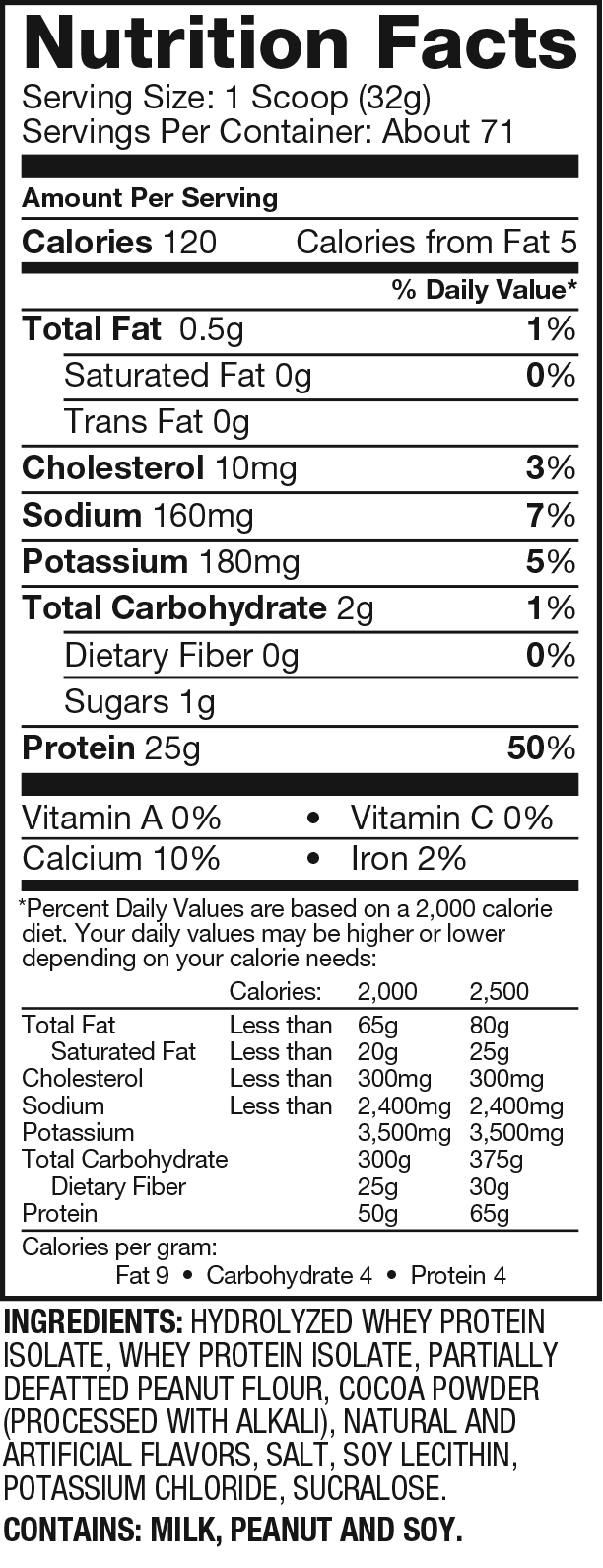 Nutrition facts for a scoop (32g) of protein powder: 120 calories, 0.5g fat, 2g carbs, 1g sugar, 25g protein. Contains milk, peanut, and soy.