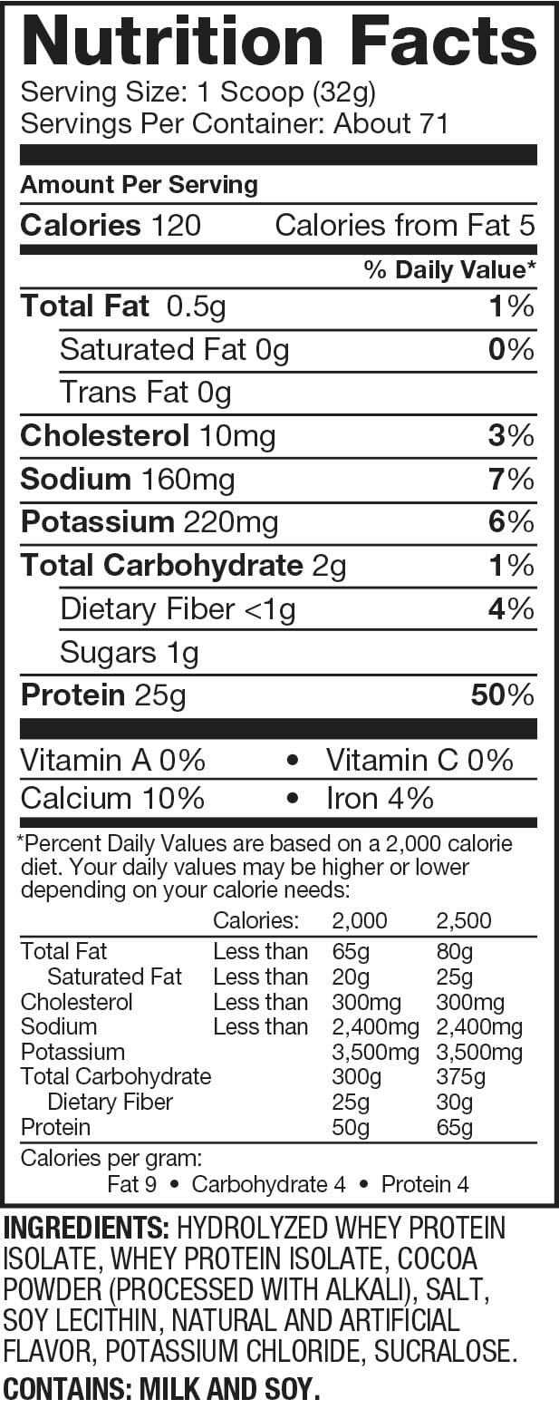 Nutrition facts for a single scoop of a protein supplement with hydrolyzed whey protein isolate, cocoa powder, and sucralose ingredients.