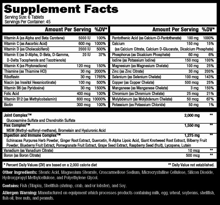 Summary of supplement facts with serving size, nutritional values, ingredients, and allergen information. Contains fish, shellfish, and soy.