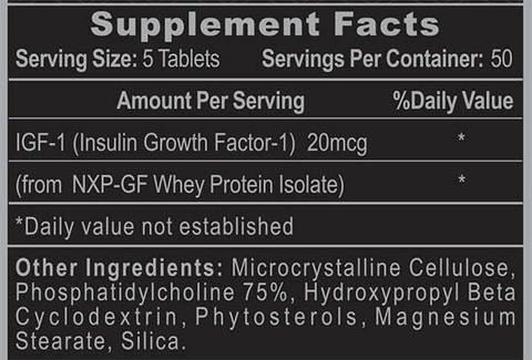 Supplement facts label showing IGF-1, servings, daily value, and ingredients including whey protein and phosphatidylcholine.