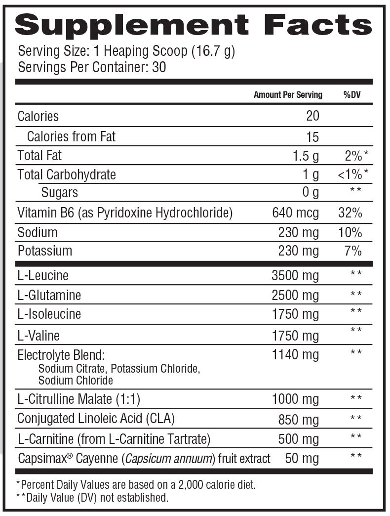 Nutritional label for a supplement with serving size of 16.7g containing vitamins, minerals, electrolytes and amino acids.