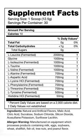Supplement facts for a 30 serving container with each serving encompassing 12.5g and 10 calories. Includes amino acids and allergen information.