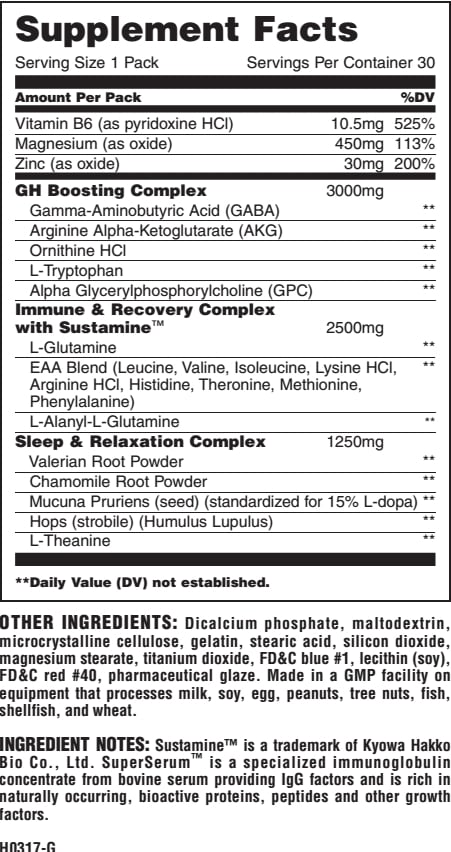Supplement facts indicating amounts per pack of various vitamins and other components including magnesium, zinc, GABA, and a range of amino acids.