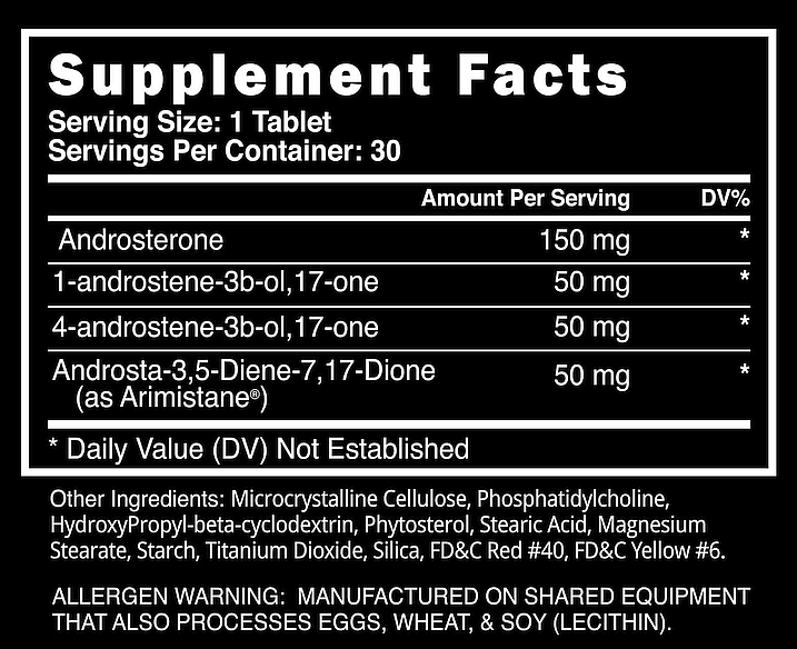 Supplement facts for a 30-serving pill with active ingredients Androsterone, Androstene, and Arimistane. Allergen warning for egg, wheat, and soy.