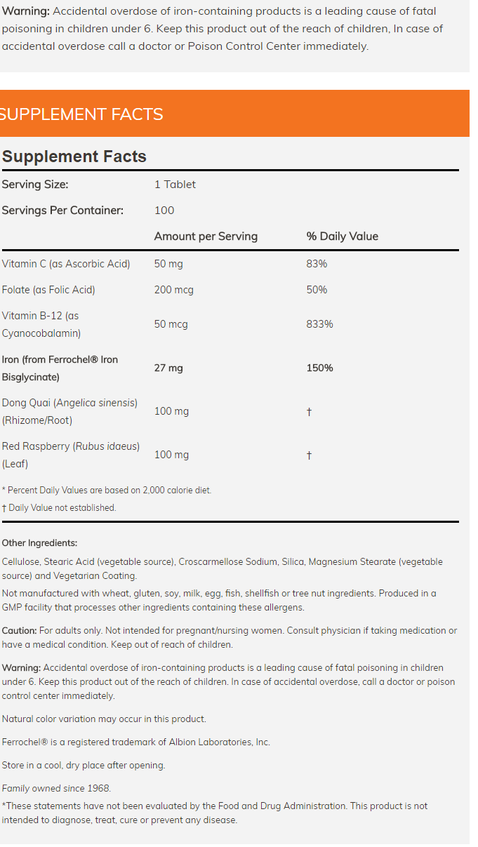 Dietary supplement facts label showing vitamins and iron contents with allergens information, overdose warning and usage instructions.