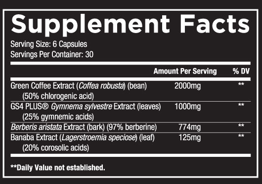 Supplement facts label for a product with green coffee extract, GS4 PLUS, Berberis aristata extract, and Banaba extract.