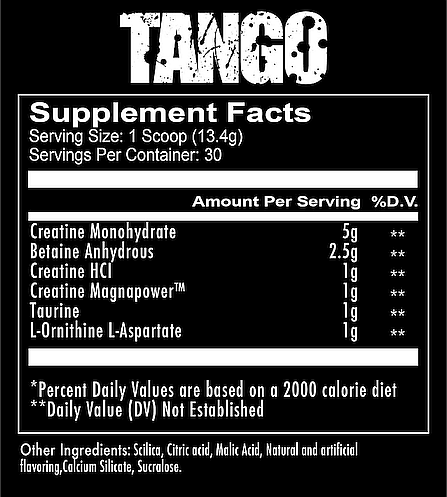 TANGO supplement facts showing serving size, ingredients including Creatine, Betaine, Taurine, L-Ornithine, and Daily Values.